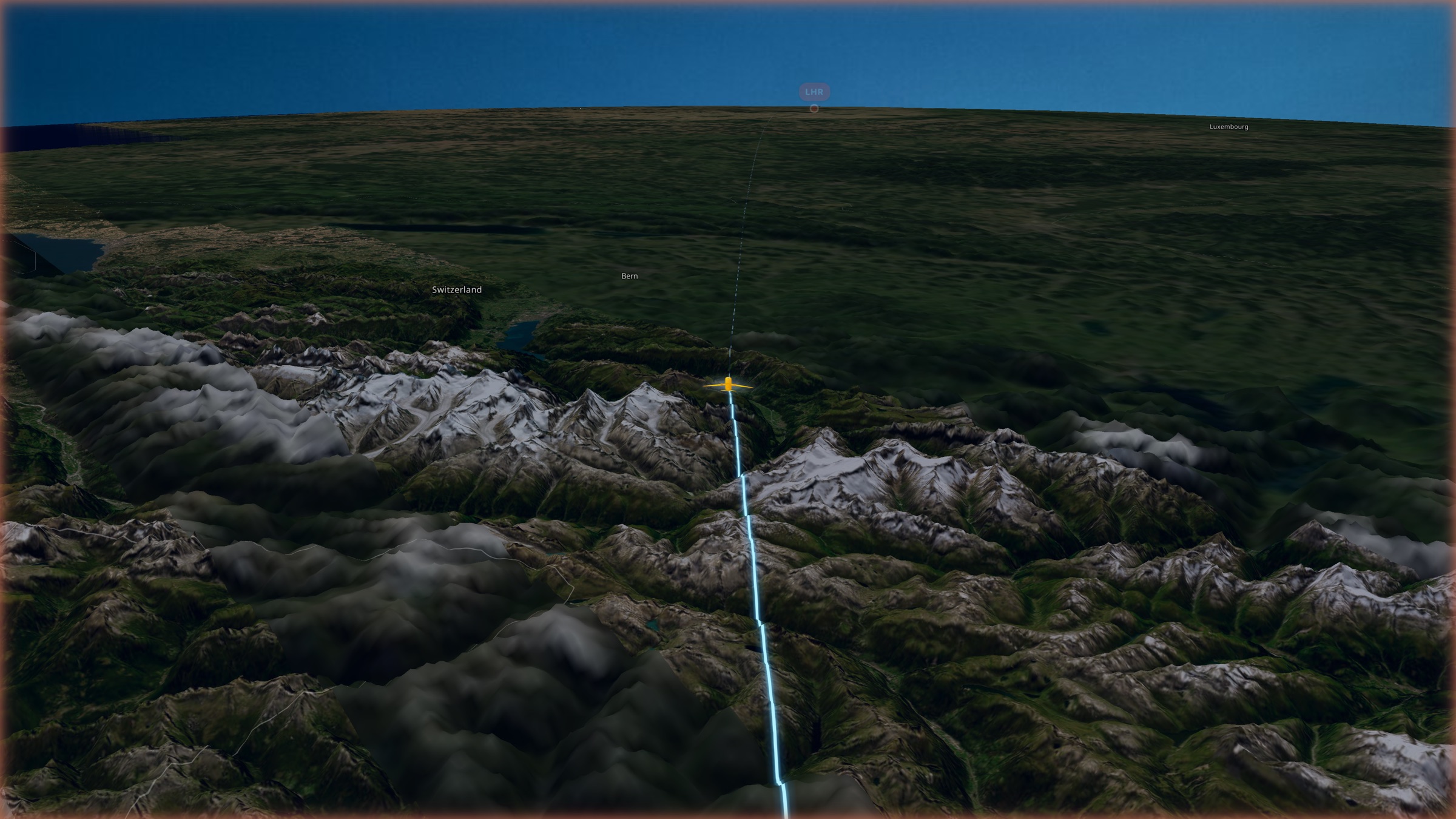 Atlas Chase camera view — elevated overhead angle showing flight path