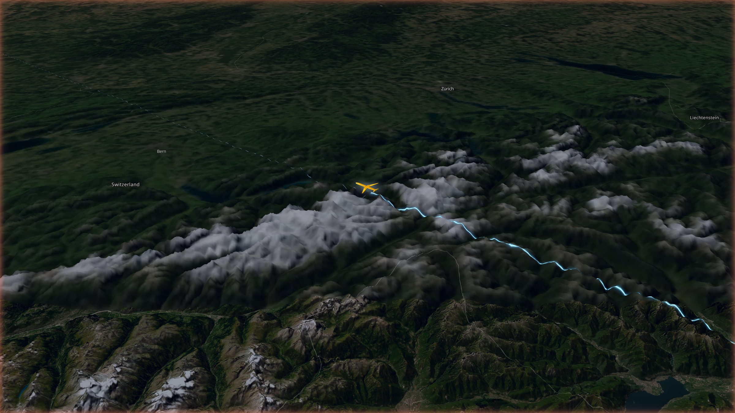 Atlas Follow camera view — aircraft flying over snow-capped Alps