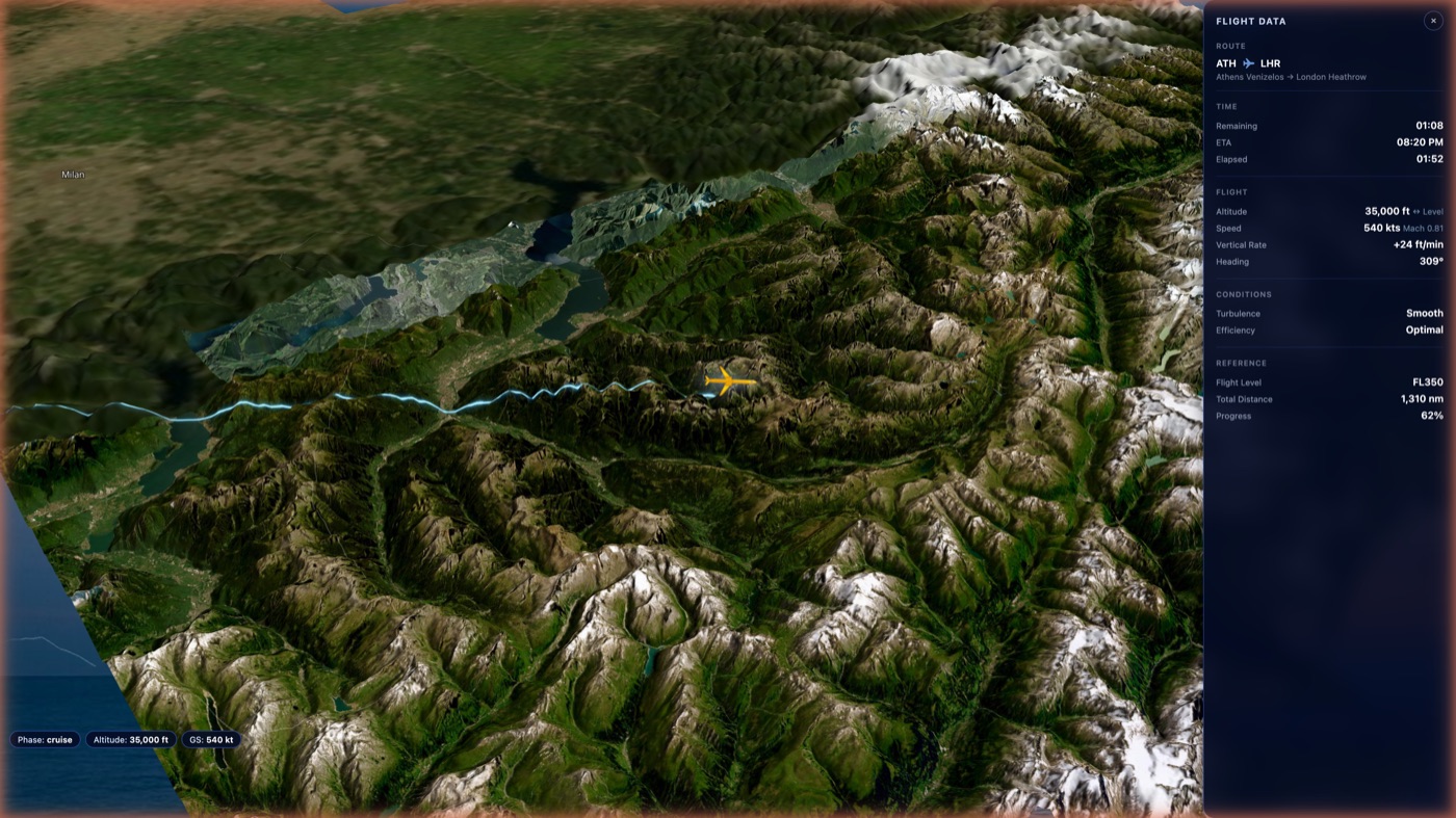Atlas flight data panel showing altitude, speed, ETA over Alpine terrain