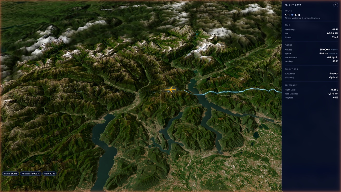 Atlas showing real-time flight data over rivers and mountain valleys