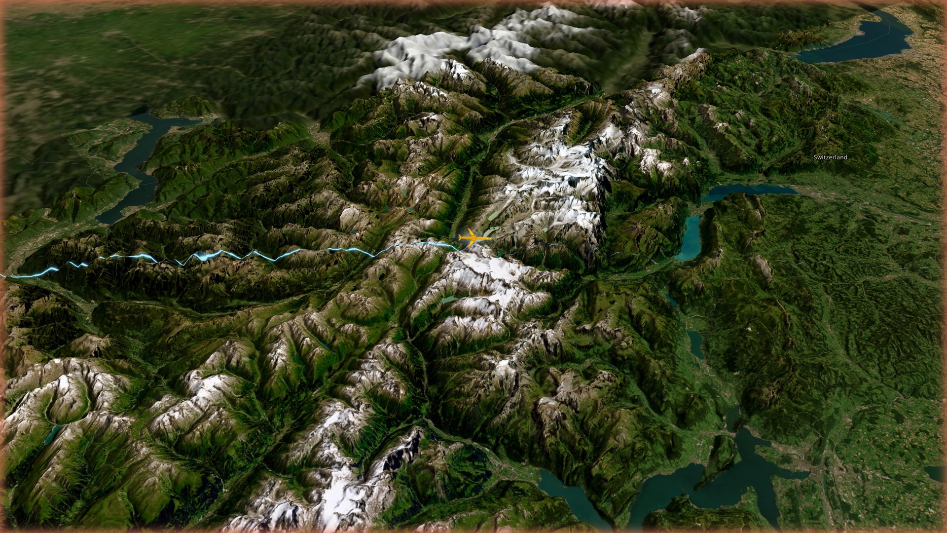 Icarus Atlas 3D satellite terrain map showing aircraft flying over the Swiss Alps