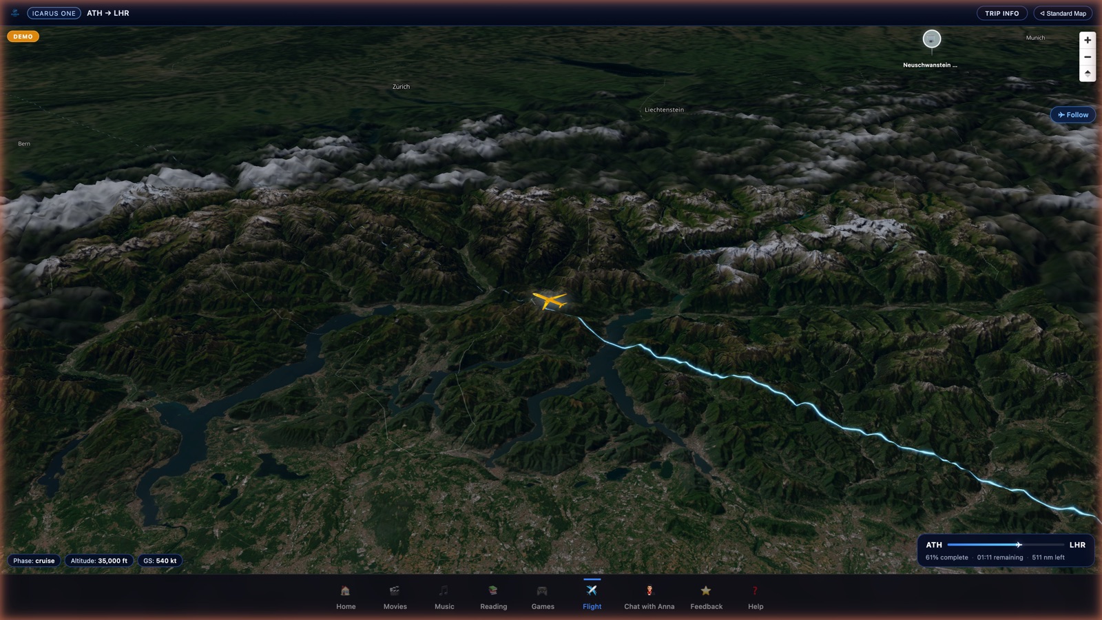 Full passenger interface showing Atlas map with navigation bar and flight progress