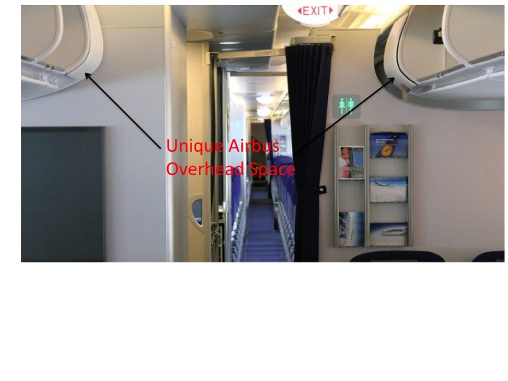 Airbus interior showing unique overhead space suitable for portable equipment