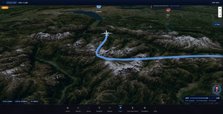 Icarus Atlas 3D flight map right window view over Lake Geneva and Swiss Alps