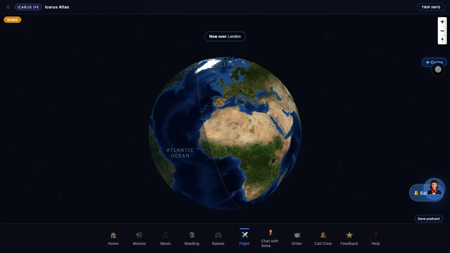 Icarus Atlas 3D satellite map showing an anonymized synthetic demo route