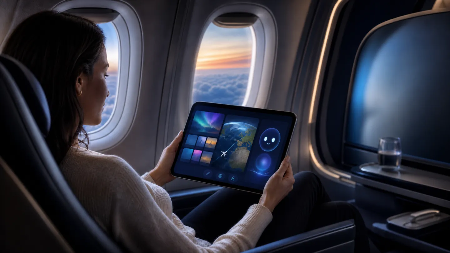 Passenger using a personal tablet for entertainment, a flight map, and virtual assistance